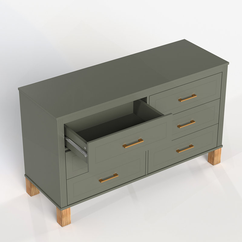 Commode 6 tiroirs, commode de rangement moderne avec poignées en métal et pieds en bois massif, Olive