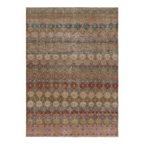 Vintage Distressed Rug, Warm Beige And Blue Geometric Floral Motif - Rug & Kilim