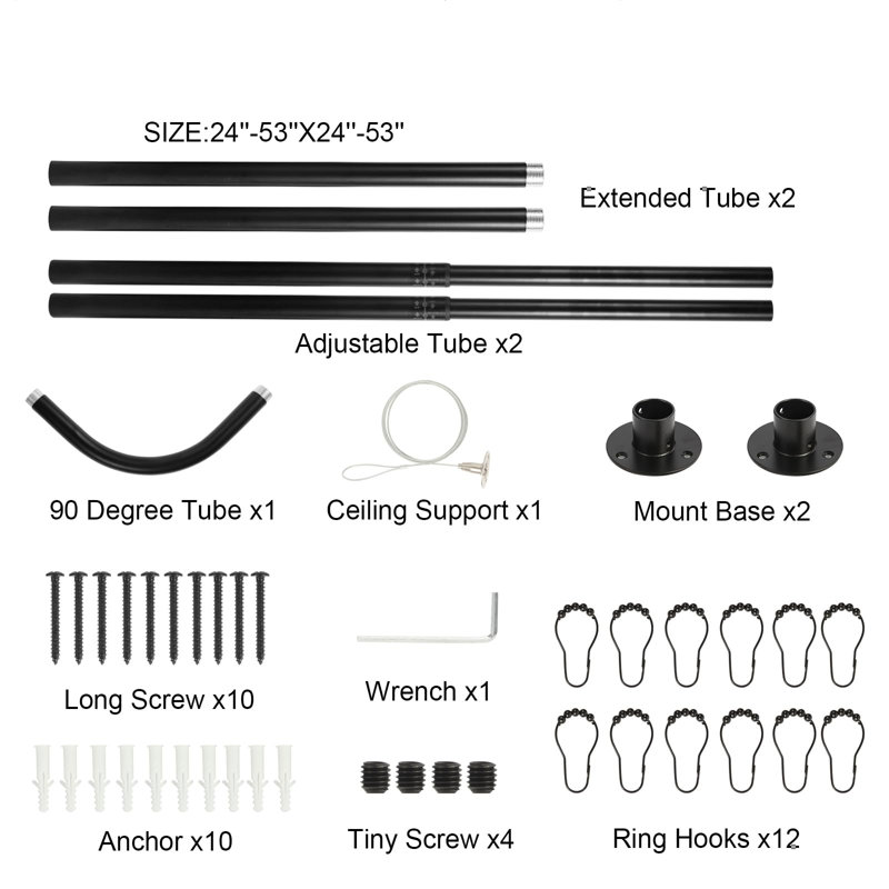 Tringle de rideau de douche d'angle réglable (24 "-53") en forme de L noir avec 12 crochets et support