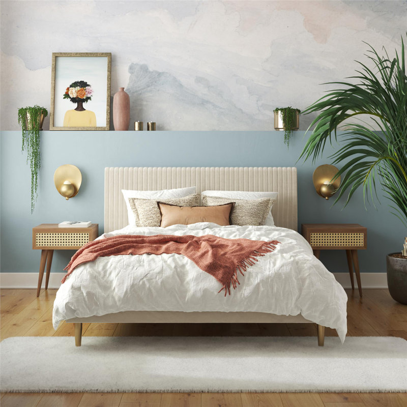 Daphne Upholstered Platform Bed, Queen, Ivory Velvet