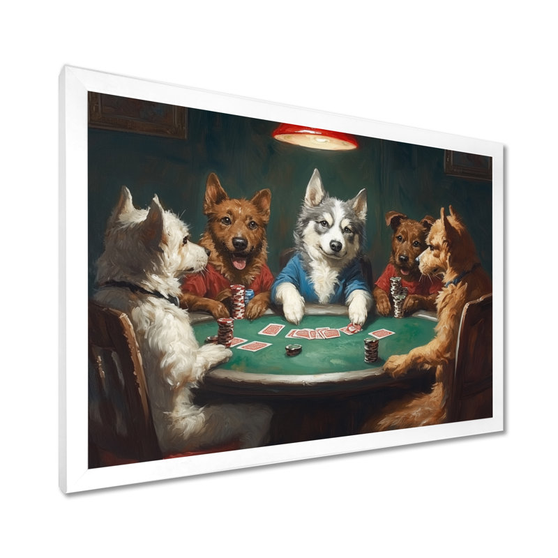 Chiens, jeu de poker - impression sur toile, animaux blancs, H 30 po x l 40 po, Cadre photo unique, Blanc