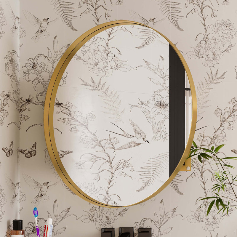 Armoire à pharmacie ronde avec cadre en métal 31,5 pouces avec miroir et tablettes réglables, Doré