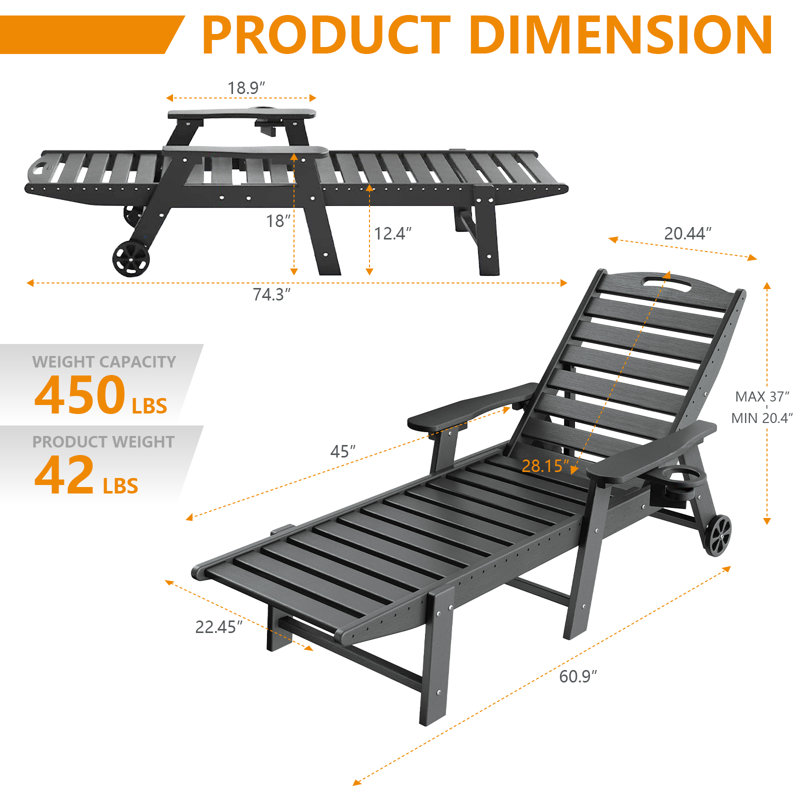 Lounge Chair Ourdoor With 6-Position Adjustable Back, HDPE Patio Chaise With Wheels And Cup Holder, Grey, 2 Pack, Gray
