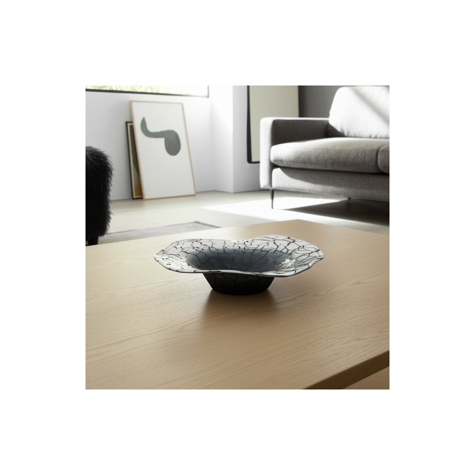 12X12" Abstract Glass Bowl With Veining, White/Black