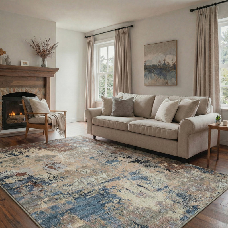 Distressed Abstract Machine Washable Earthstone Indoor Area Rug With Non-Slip Backing, Rectangle 8' x 10'