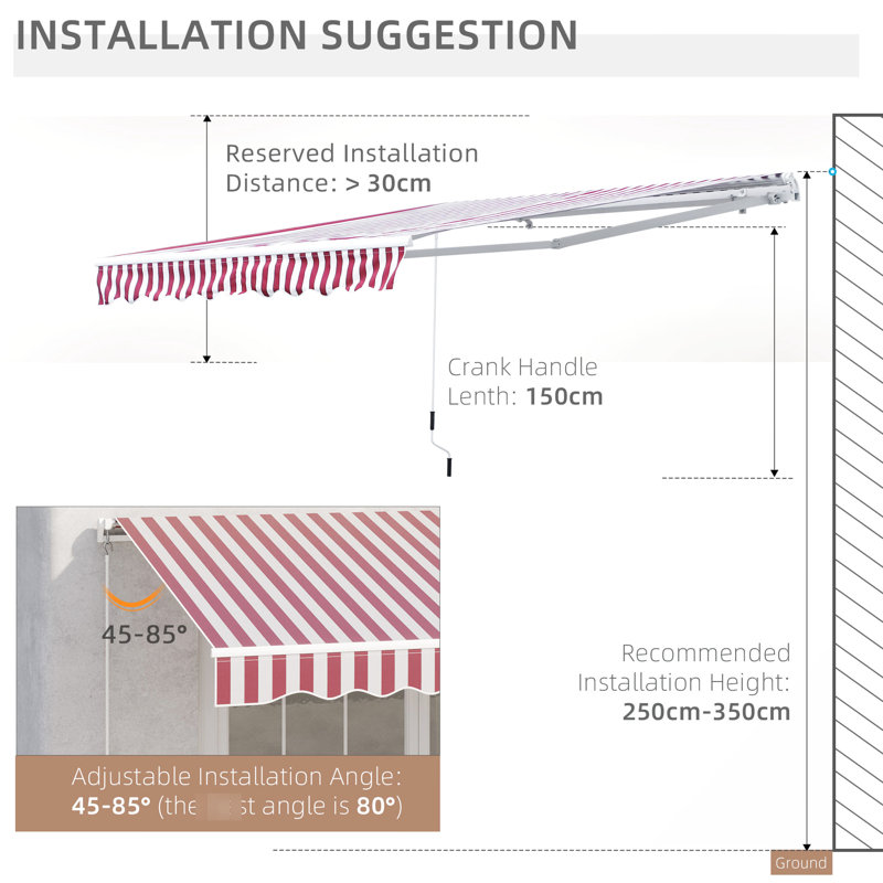 Auvent de terrasse 10 'x 8' - et eau -, manivelle manuelle, structure en aluminium, pour patio, balcon, cour, abri rayé rouge