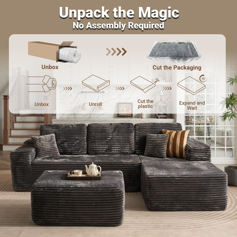 106" Upholstered Cloud Sectional Couch, L-shape Modern Modular Sofa With Ottoman For Living Room Bedroom, Right Hand Facing