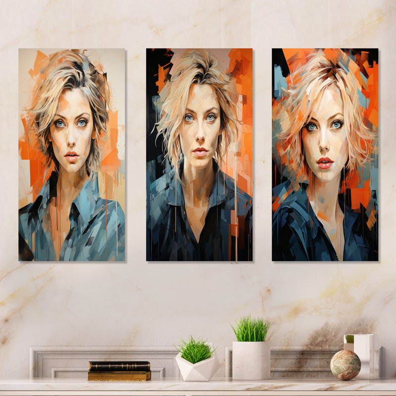 Pop Art Peach Pfeiffer Portrait - Woman Pop Art Metal Wall Decor Set Of 3, 32" H x 48" W