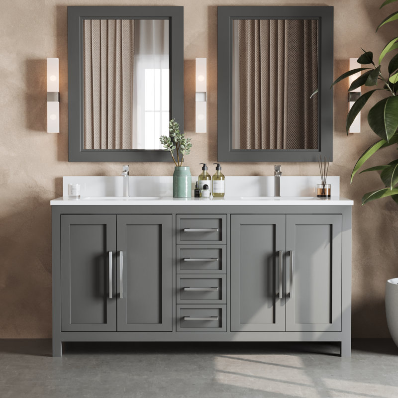 Meuble-lavabo double 63 po avec comptoir en quartz Weddel, Gris foncé