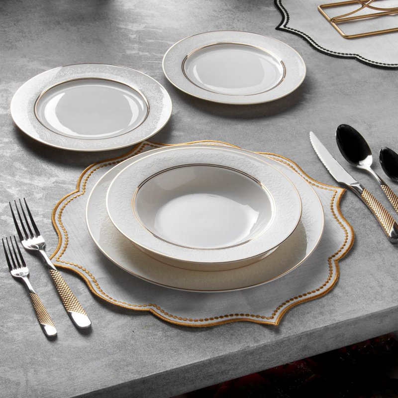Everson 24 Piece Dinnerware Set, Service for 6, Classic Gold Band
