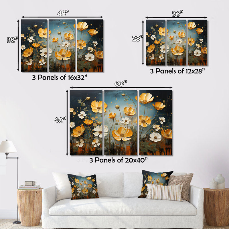 «Buttercups» jaune jaune, lueur dorée, patchwork II sur toile, 3 pièces, H 40 po x l 60 po x P 1 po