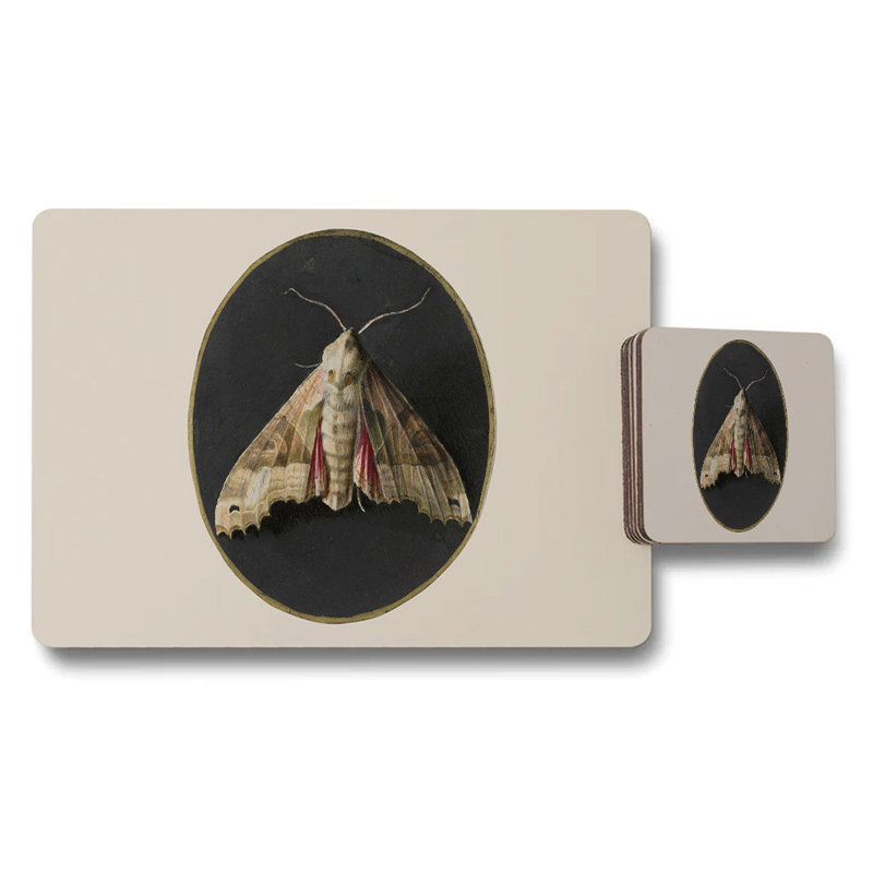 Beige Moth Artwork Placemat And Coaster Set With Circular Black Frame