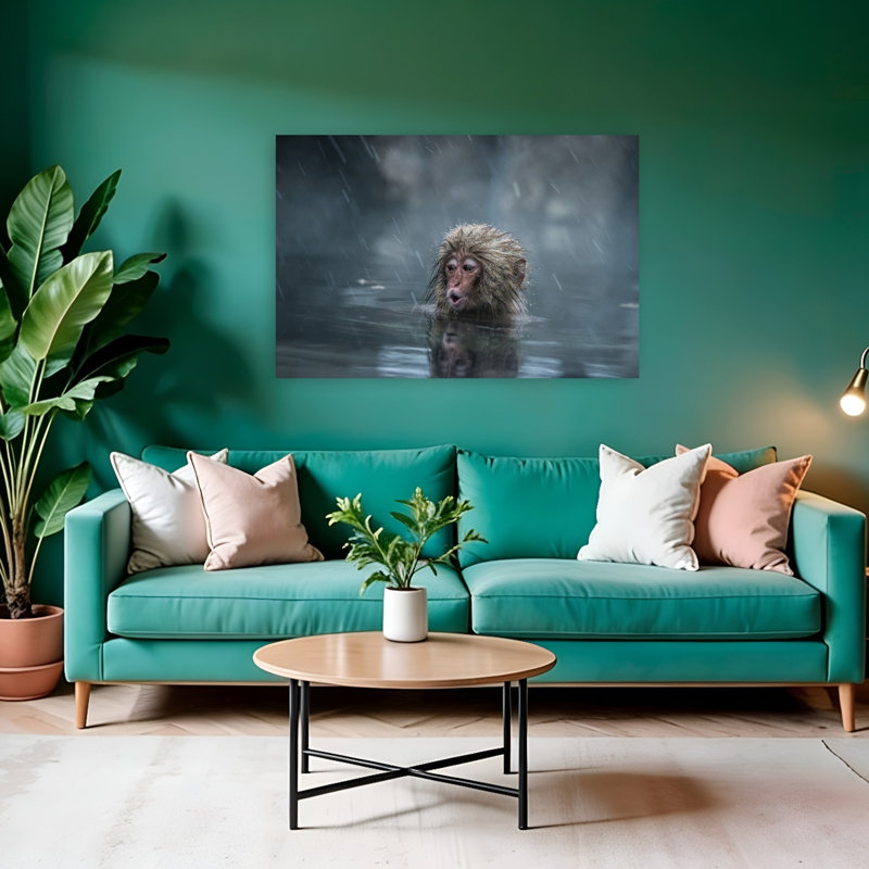 Snow Monkey In The Rain Abstract Contemporary Monkey Nature Portrait Wall Art Print 1 Piece Wrapped Canvas Wall Art