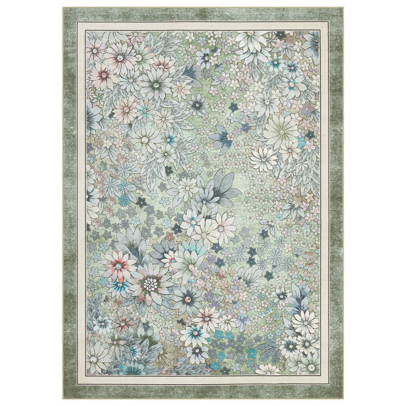 Washable Boho Floral Area Rug - Vintage Low Pile, Non-Slip Carpet for Living Room, Bedroom, Dining Room, Kids Playroom, Farmhouse