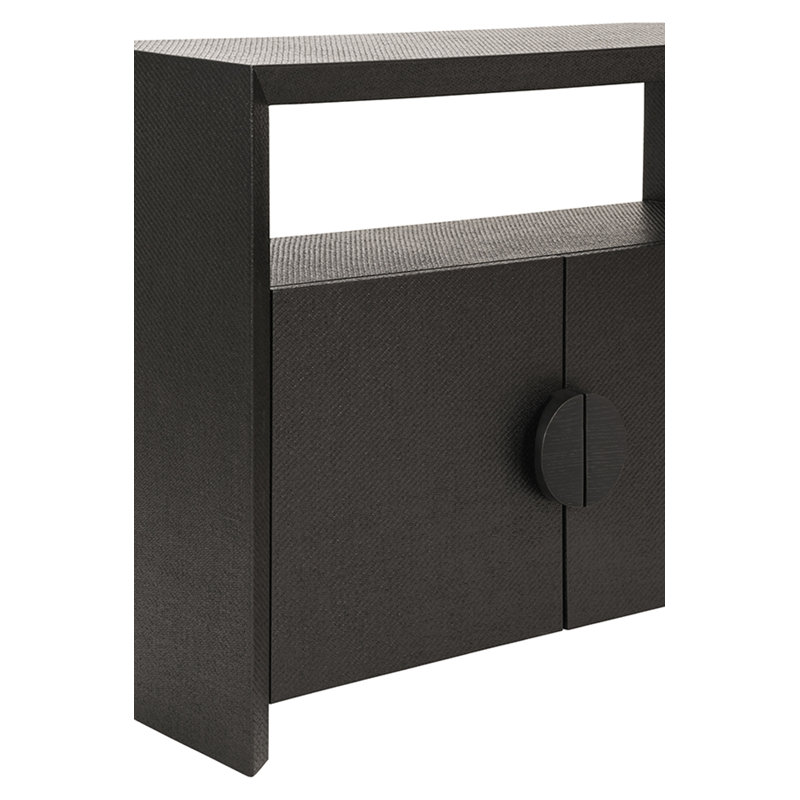 Two Door Console With Open Shelf In Natural Grasscloth With Cerused Oak Handles, Black