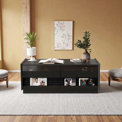 47.2" Modern Rectangular Coffee Table with 4 Drawers, 2 Display Shelves & Tempered Glass - Vintage Accents, Black
