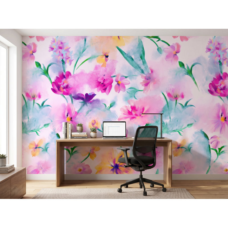 Panneau de papier peint floral rose vif L 8,33 pi x l 100 po, l 125 po x H 125 po, adhésif en vinyle, L 125 po x H 125 po