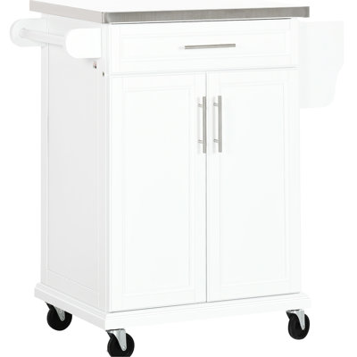 Movable Kitchen Cabinet Table With Stainless Steel Counter, Drawer, Towel Rack, Spice Rack And Storage, White Workstation Island