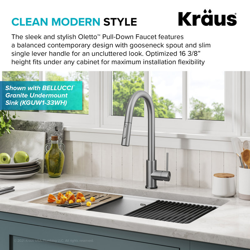 Robinet d'évier de cuisine à poignée simple Kraus Oletto, Acier inoxydable