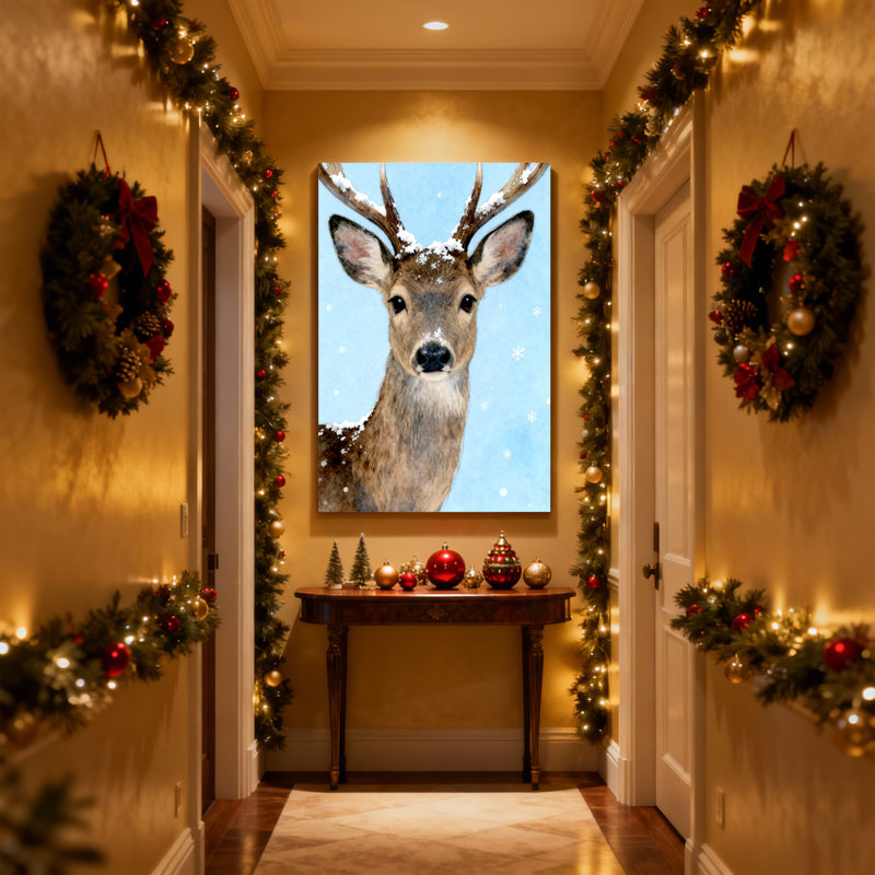Cerf de Noël avec neige sur bois et visage, ensemble de 3 impressions sur toile, H 24 po x l 16 po