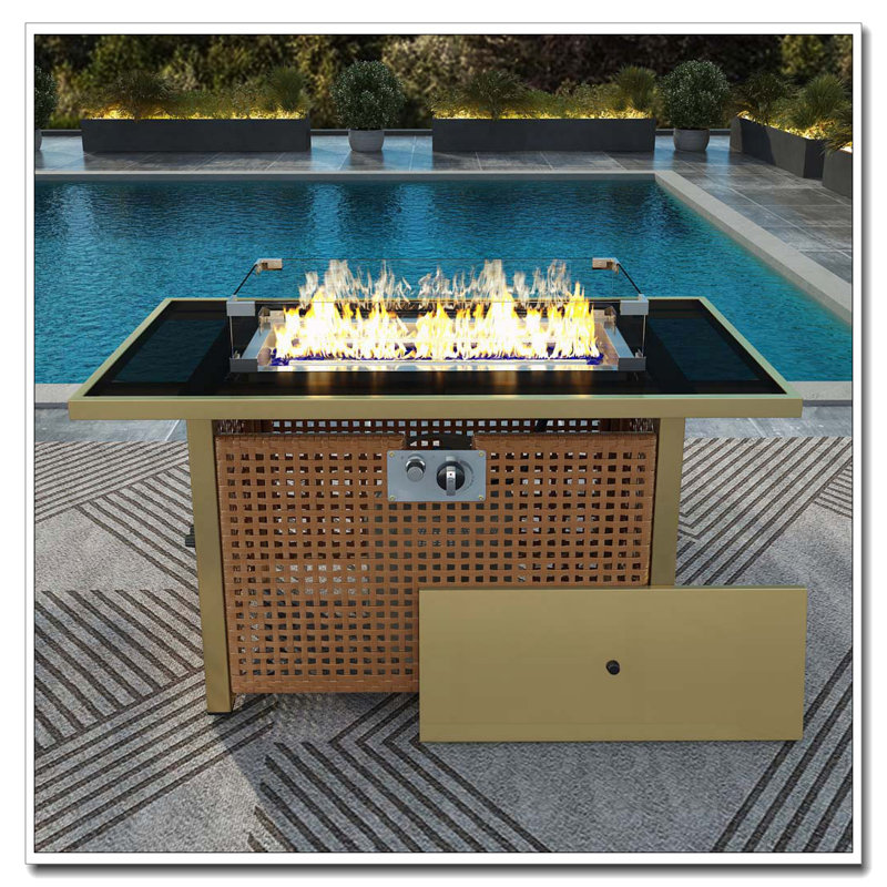 Foyer de table 43 po au gaz propane, foyer extérieur rectangulaire en osier à tissage ouvert de 60000 BTU avec pare-vent en verre pour terrasse extérieure