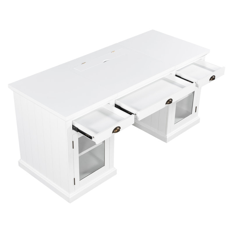 Bureau de direction 67 po avec 2 armoires et 3 tiroirs, Blanc cassé