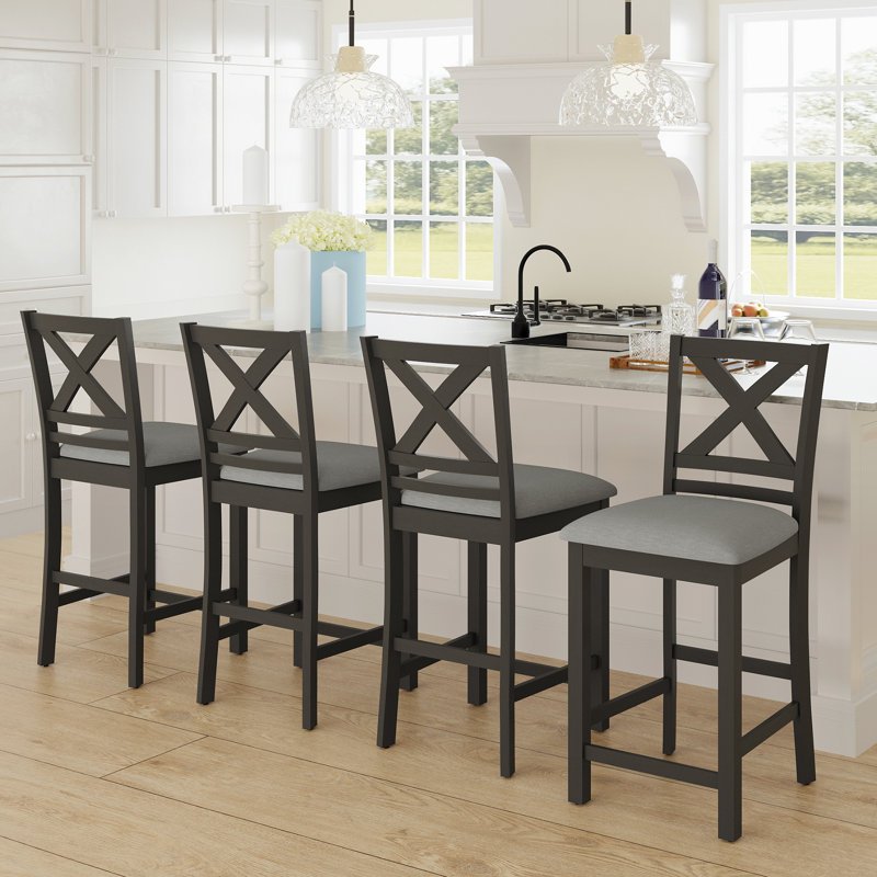 Tabouret de bar rembourré de 26 po en bois massif , Gris, Gris foncé