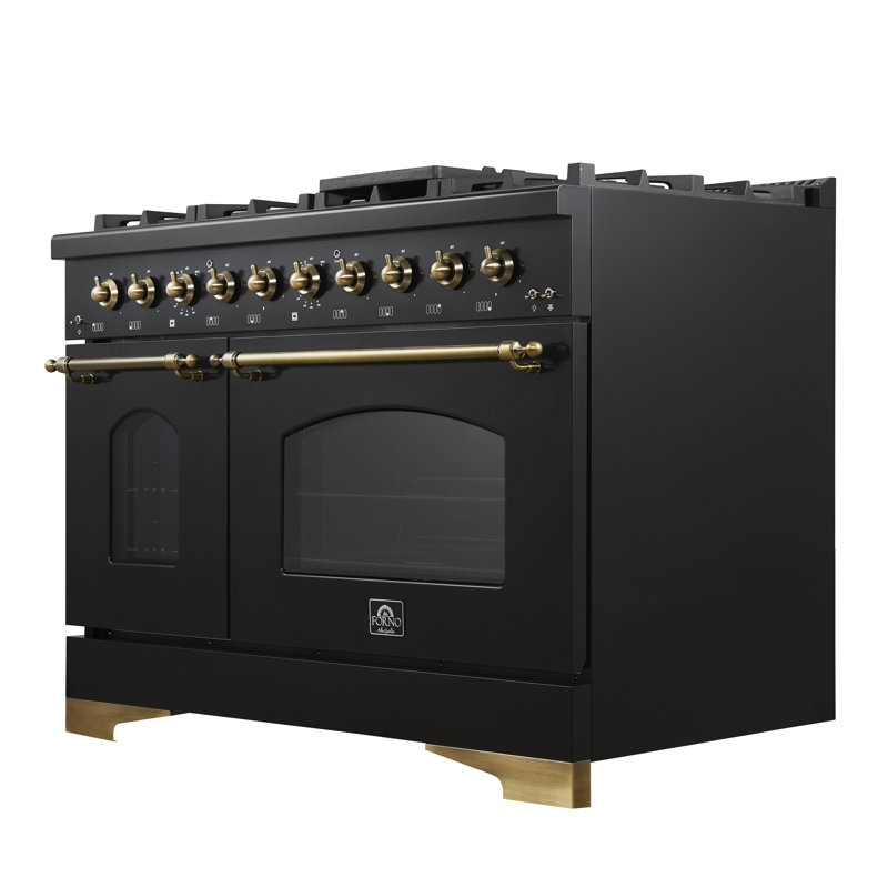Forno Antico 48-inch Dual Fuel Range with 8 Burners, 94,000 BTU, 5.5 cu.ft. Double Ovens & Griddle, Antique Brass Finish