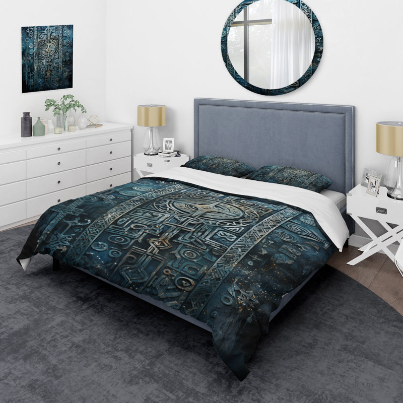 Ensemble de housse de couette bleu et doré Maya Tile Impressions I - Abstract Tile, Housse de couette pour très grand lit