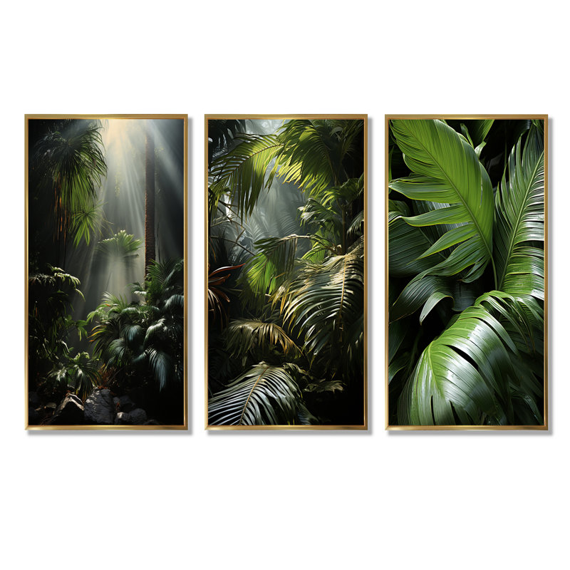 Ensemble de 3 palmiers et palmiers de la côte d'ivoire Jungle, Cadre flottant doré, H 28 po x l 36 po