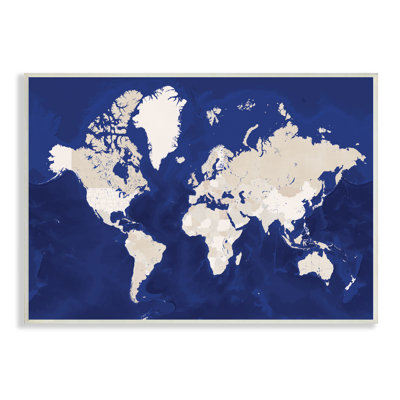 Carte du monde traditionnelle avec tons neutres sur fond bleu - impression