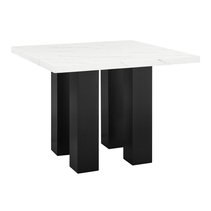 Mobilier de salle à manger - Table carrée à hauteur de comptoir avec faux marbre, 4 chaises, fabrication en bois massif et plateau en marbre, sièges rembourrés, décor moderne