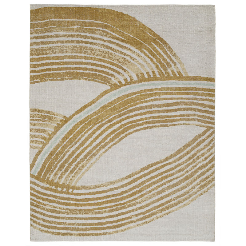 Crescent Rug: Modernist Hand Knotted Rug in Natural/Yellow, Rectange 7'6" x 9'6"