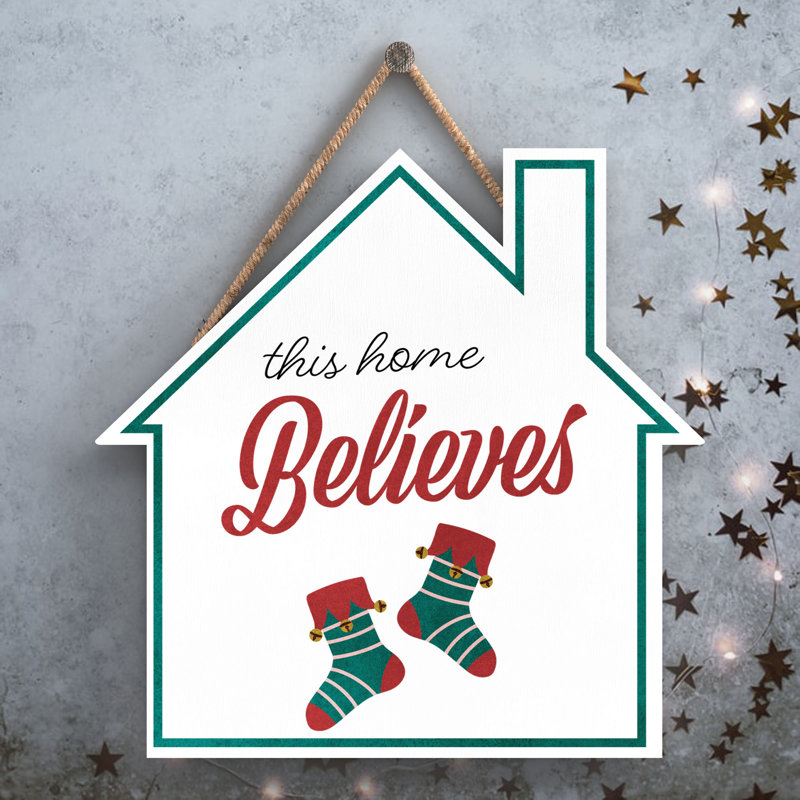 Xmas This Home Believes Wooden House Plaque, 9.9cm H x 9.9cm W x 0.5cm D