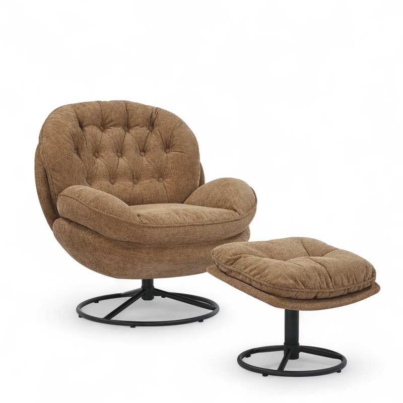 Azura Swivel Accent Chair with Footstool, Brown Chenille