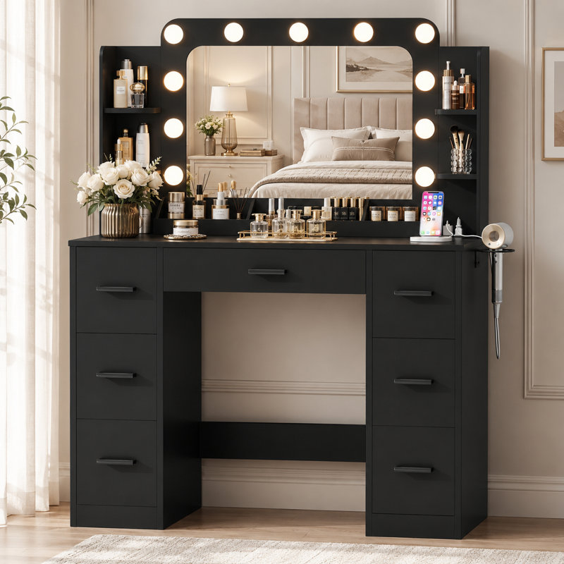 43.3” Hollywood Makeup Vanity Desk with LED Lights, Anti-Glare Mirror, Built-in Charging Station, 7 Drawers & Open Storage Shelves for Bedroom