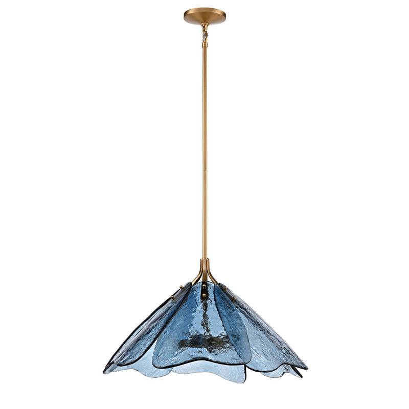 Suspension Florenza de 71 cm (28 pouces) en laiton satiné et verre bleu, H 14 po x l 28 po x P 28 po, 6 lumières