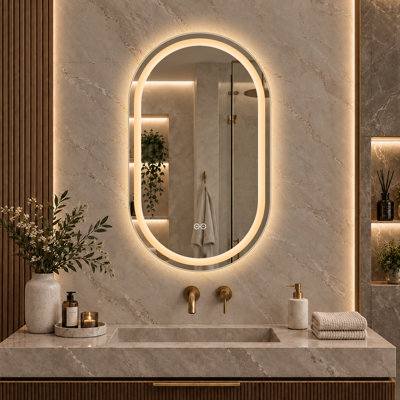 Miroir de salle de bain ovale à DEL avec 3 températures de couleur, intensité variable, antibuée et verre argenté sans cuivre HD 5 mm résistant aux chocs