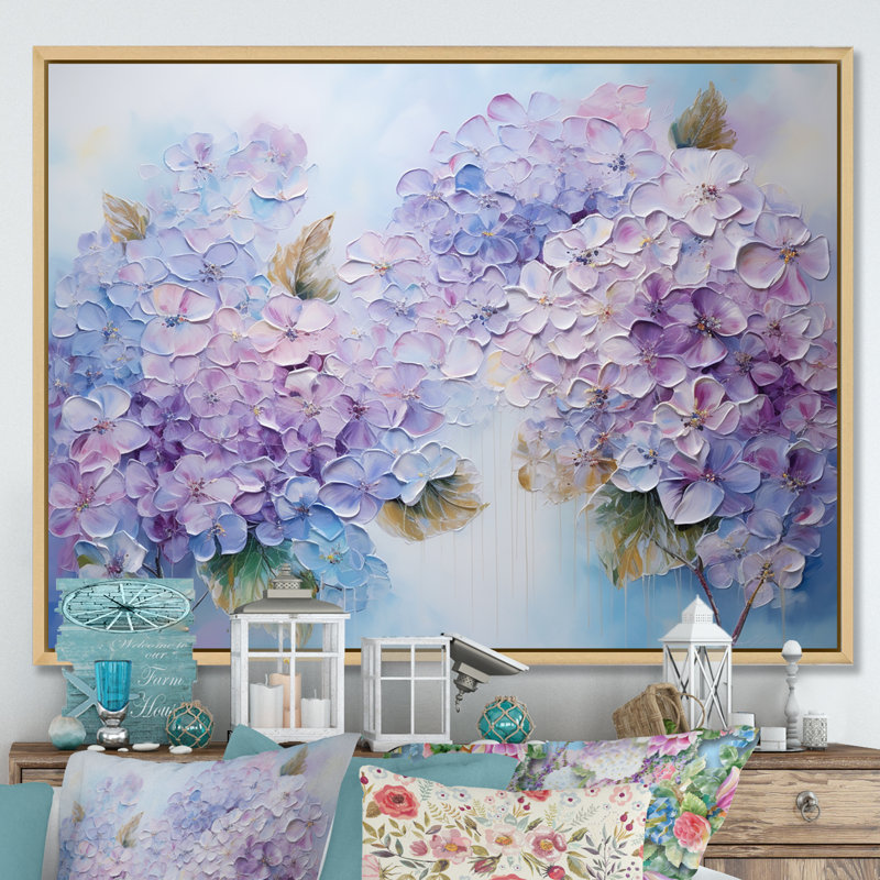 Fleurs d'hirangées mauves paradisiaques I - champ de fleurs, art mural, Cadre naturel flottant, H 34 po x l 44 po x P 1,5 po