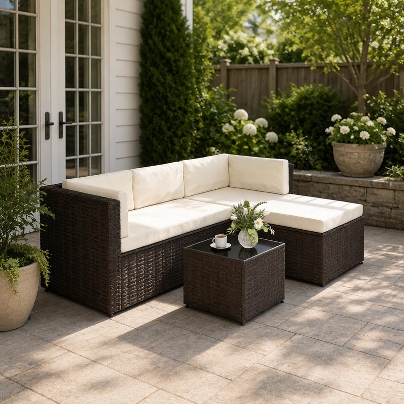 Ensemble de conversation de patio extérieur en osier trois pièces avec sofa méridienne et table basse en verre