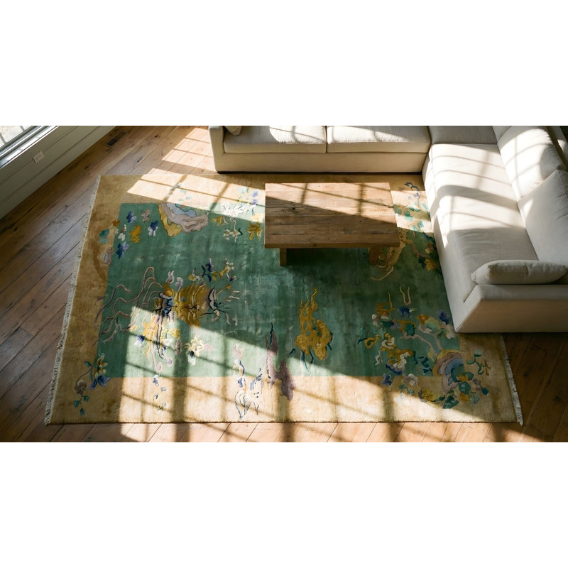 Antique Artistic Sea Foam Green Color Scenic Chinese Art Deco Rug