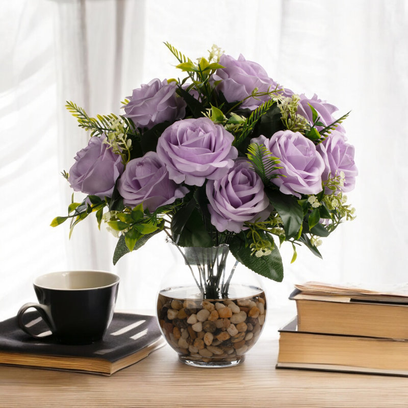18 têtes de fleurs en soie rose dans un vase en verre avec eau artificielle et pierre de rivière, Mauve