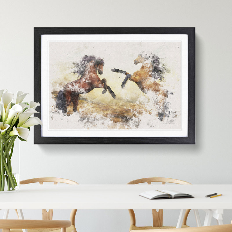 Two Wild Stallion Horses 1 Piece Single Picture Frame Wall Art on MDF, 33cm H x 45cm W x 2cm D, Black