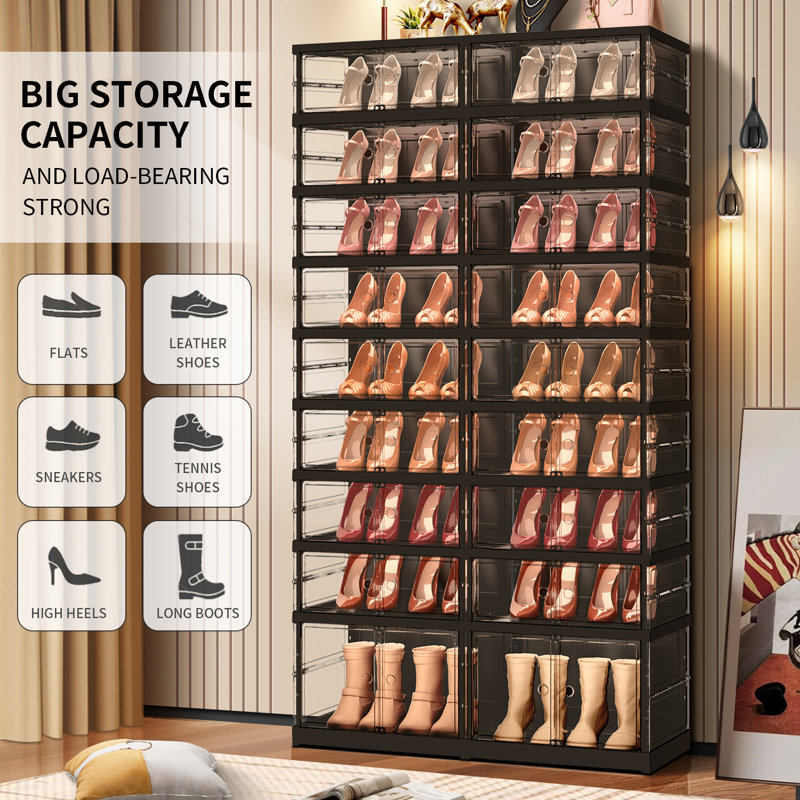 9-Tier 18-36 Pairs Plastic Stackable Shoe Storage Cabinet For Entryway Easy Assembly, Black