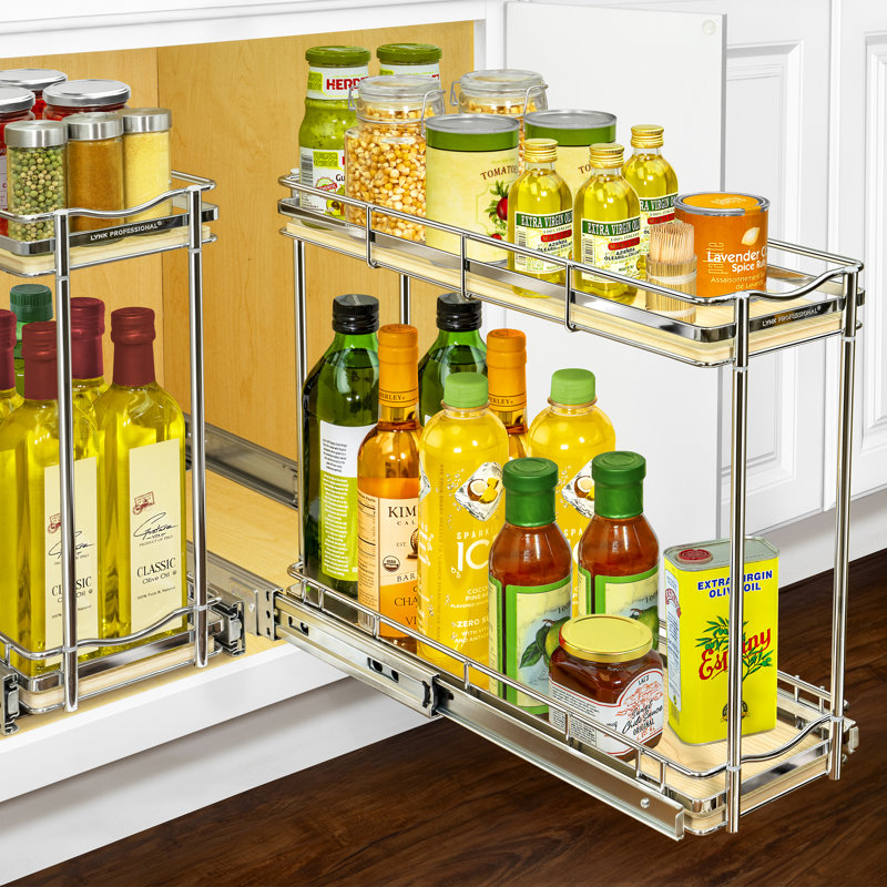 Organisateur de bouteilles coulissant étroit et coulissant Lynk Professionnel Elite® - 6 po x 21 po, bois et chrome