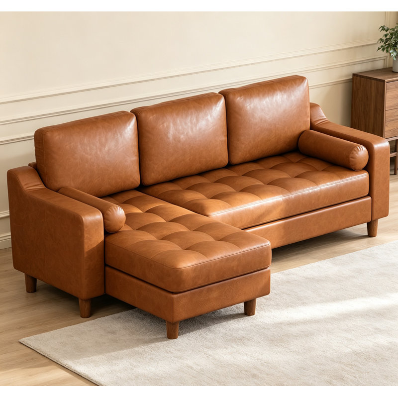 Canapé d'angle en L de 226 cm (89 po), canapé moderne en similicuir vert avec coussins épais et capitonnage à canaux pour salon