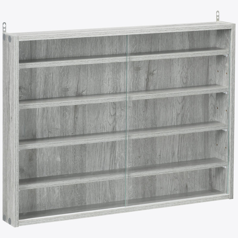 Vitrine à 5 niveaux, vitrine en verre avec 2 portes et tablettes réglables, fixation murale, gris