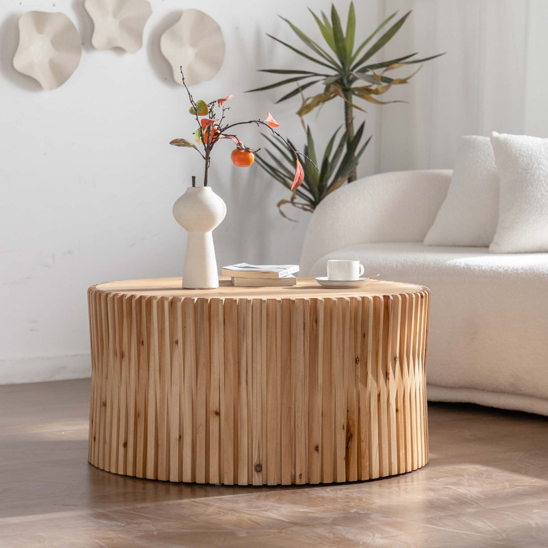Table basse cylindrique de style rétro avec motif en relief vertical, table basse, table de salon, Brun