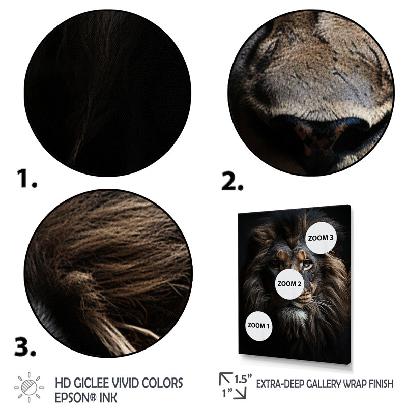 «Black and White Lion Portrait Vibrant II», reproduction d'art sur toile, Cadre simple noir, H 32 po x l 24 po x P 1 po