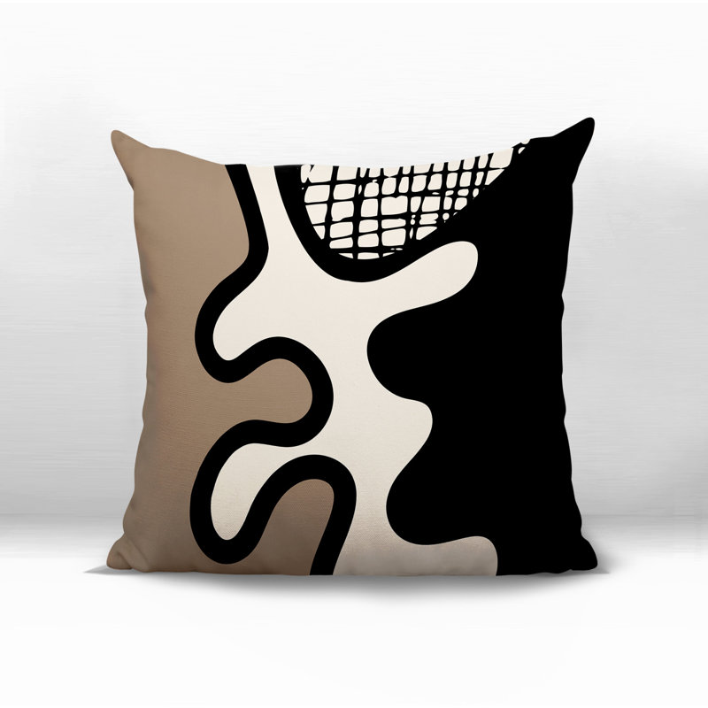 Oreiller carré réversible intérieur / extérieur Vido, H 15 po x l 15 po, Beige / noir / blanc cassé abstrait
